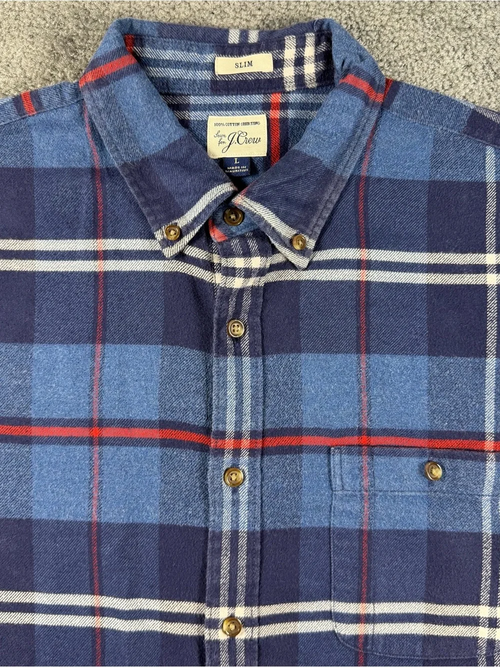 J Crew Mens Shirt L Plaid Button Down Elbow Patch Cotton Flannel Slim Fit Blue